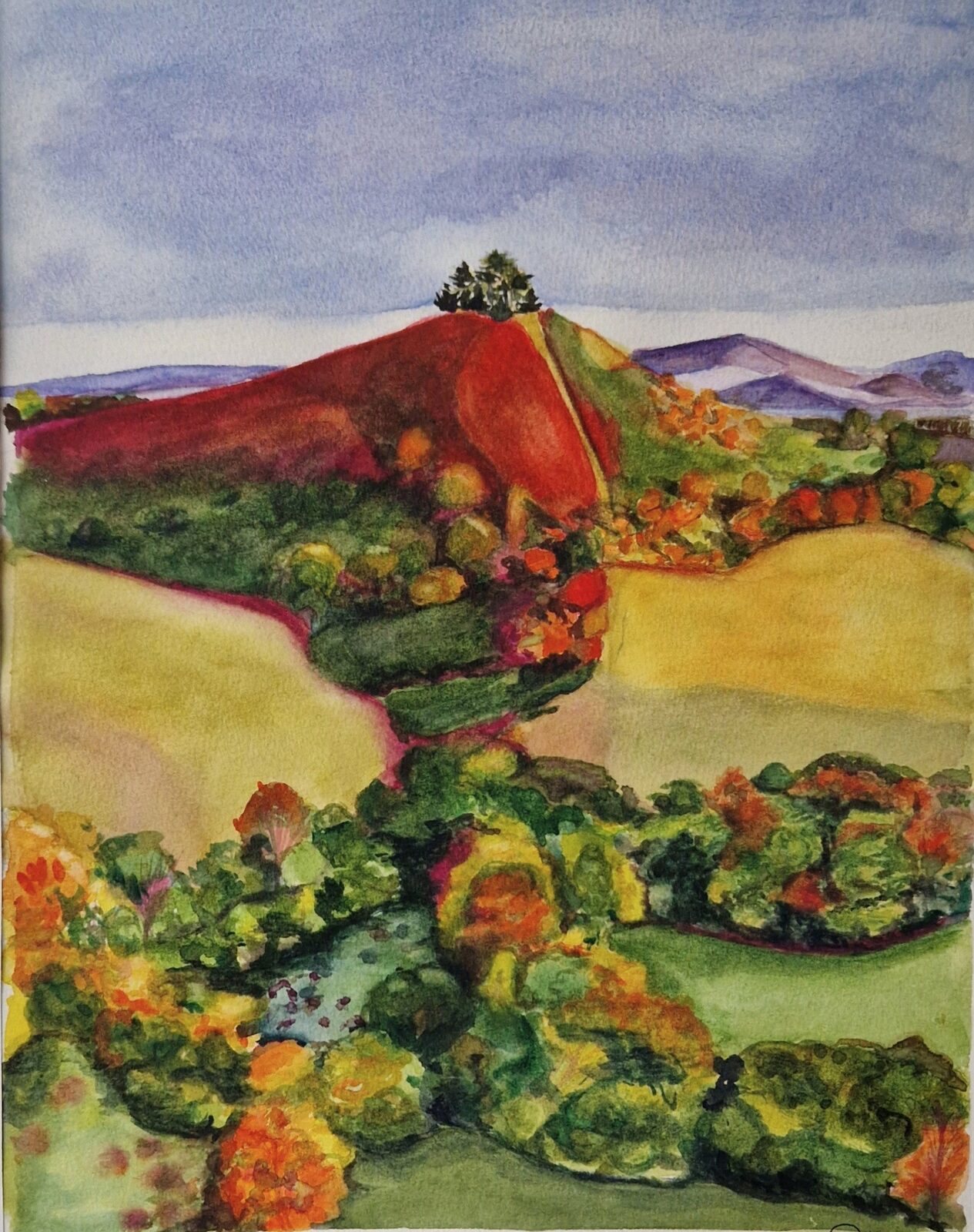 Somerset Hills, watercolour landscape of an autumn hill crowned with trees